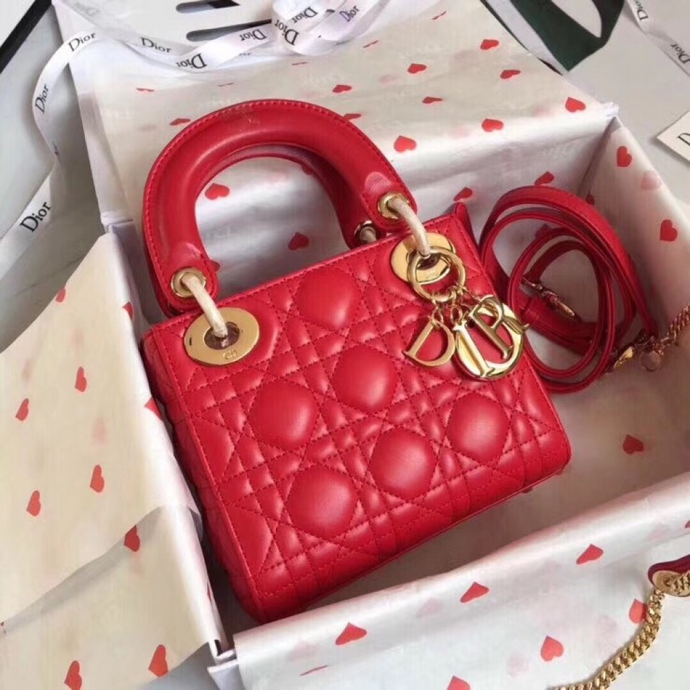 Dior Mini Lady Dior Bag In Red Lambskin LDBS240666