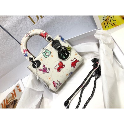 Dior Mini Lady Dior Bag In White Calfskin with Pixel Zodiac Print LDBS240669