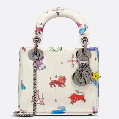 Dior Mini Lady Dior Bag In White Calfskin with Pixel Zodiac Print LDBS240669