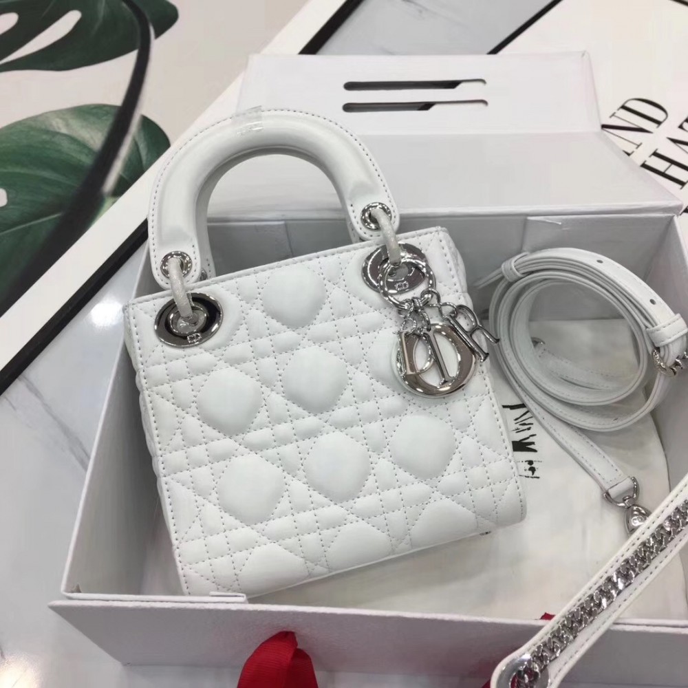 Dior Mini Lady Dior Bag In White Lambskin LDBS240670