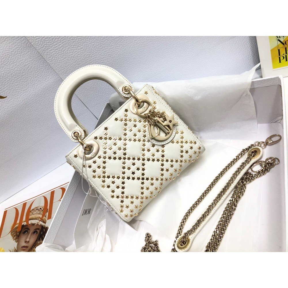 Dior Mini Lady Dior Bag In White Lambskin with Star Embroidery LDBS240671