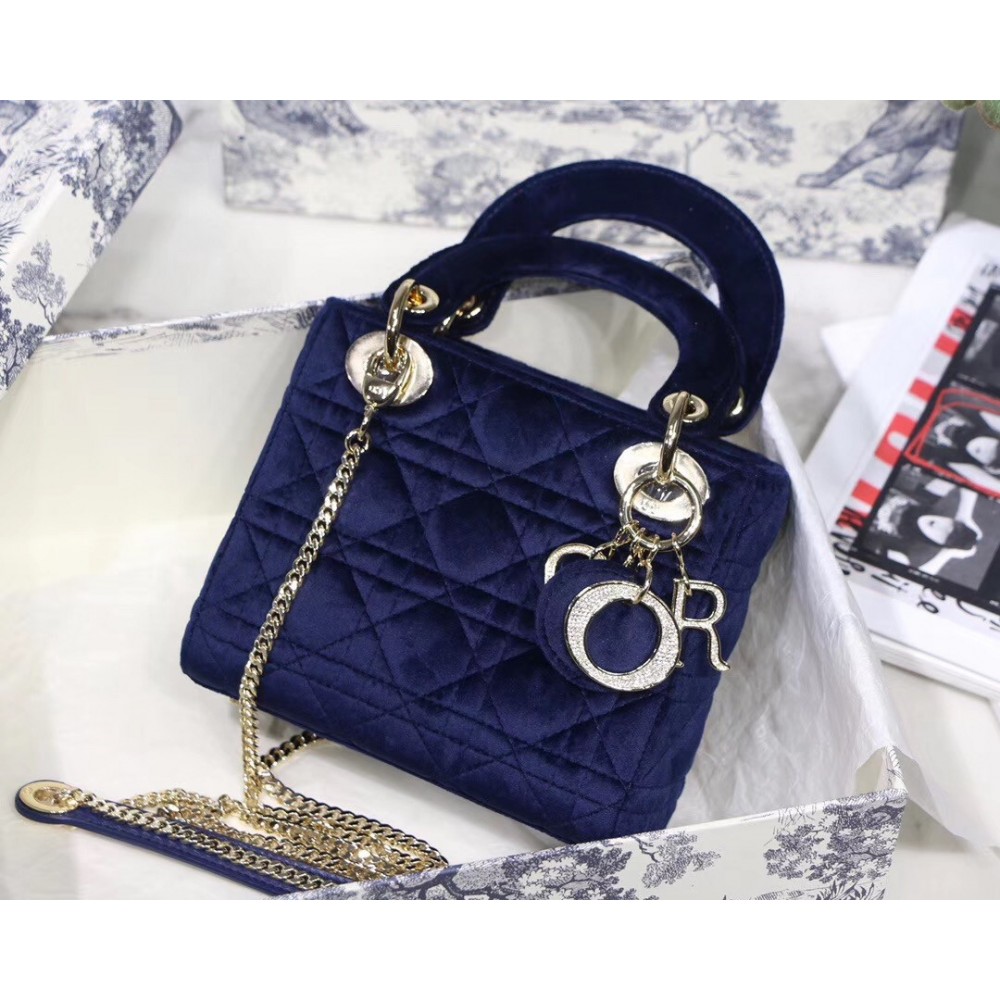 Dior Mini Lady Dior Chain Bag In Blue Velvet LDBS240675