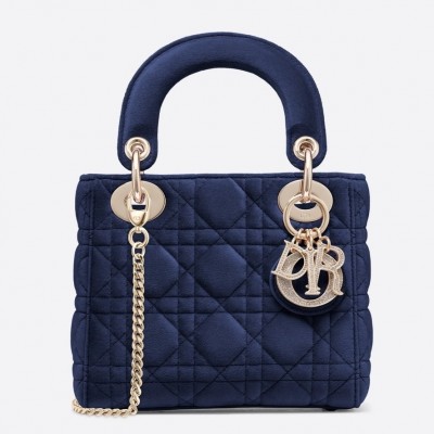 Dior Mini Lady Dior Chain Bag In Blue Velvet LDBS240675