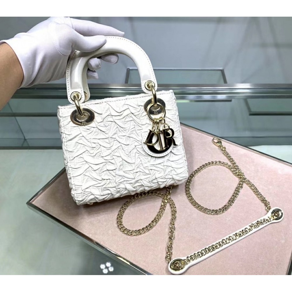 Dior Mini Lady Dior Chain Bag In White Wavy Crinkled Lambskin LDBS240676