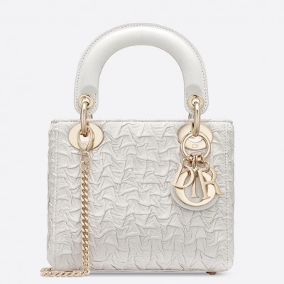 Dior Mini Lady Dior Chain Bag In White Wavy Crinkled Lambskin LDBS240676