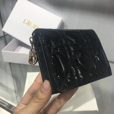 Dior Mini Lady Dior Wallet In Black Patent Leather LDBS240678