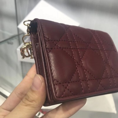 Dior Mini Lady Dior Wallet In Bordeaux Lambskin LDBS240679