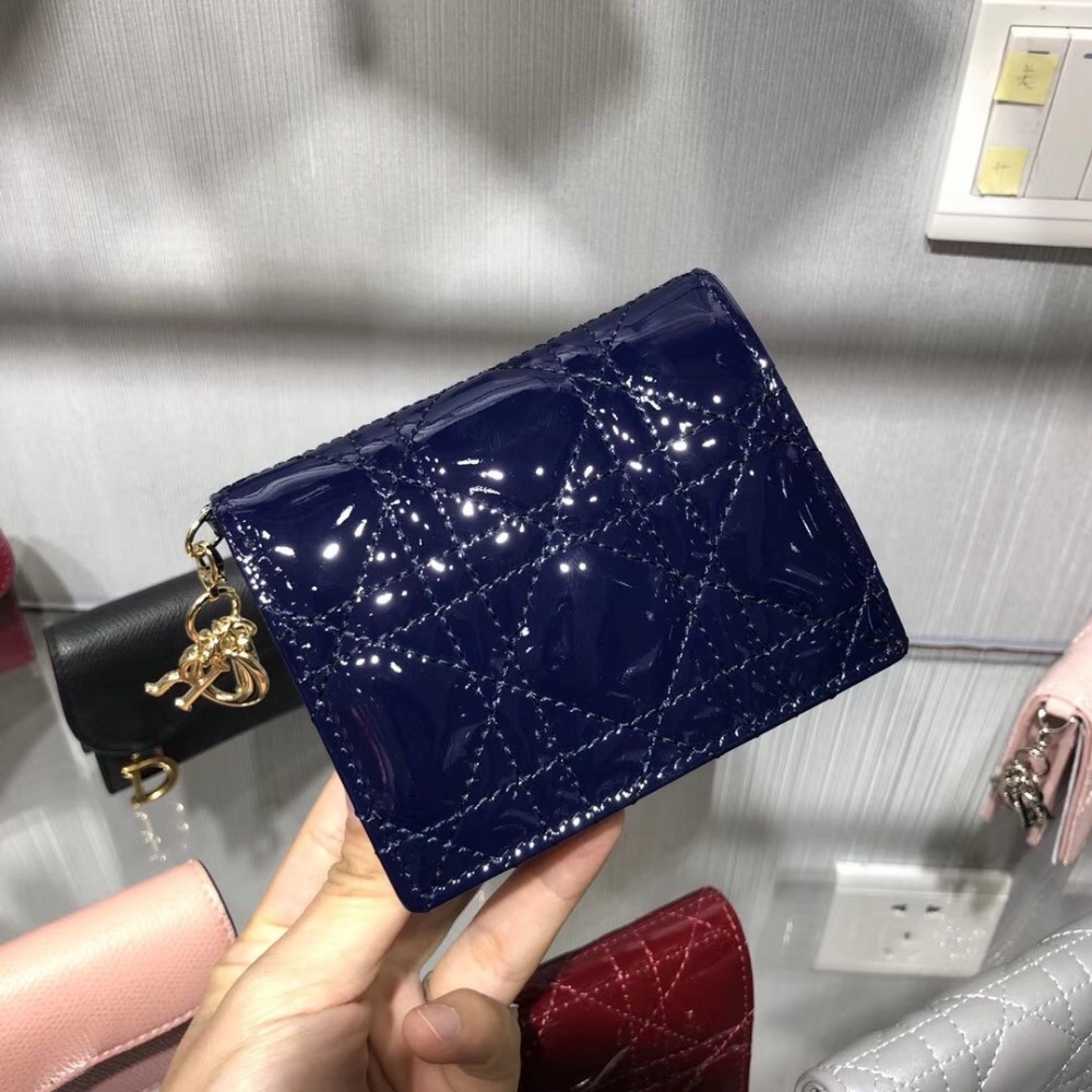 Dior Mini Lady Dior Wallet In Indigo Blue Patent Leather LDBS240680