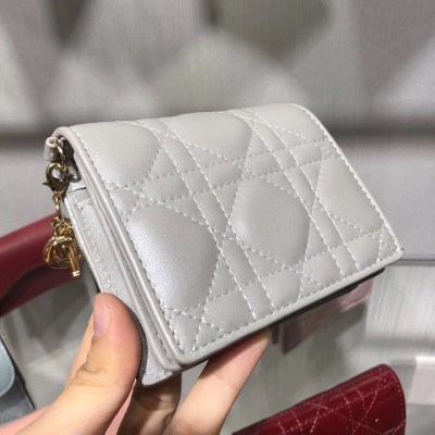 Dior Mini Lady Dior Wallet In Opal Grey Pearly Lambskin LDBS240682