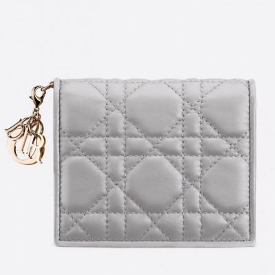 Dior Mini Lady Dior Wallet In Opal Grey Pearly Lambskin LDBS240682