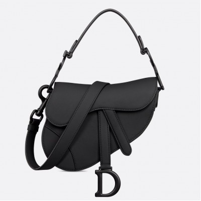 Dior Mini Saddle Bag with Strap in Black Ultramatte Calfskin LDBS240703