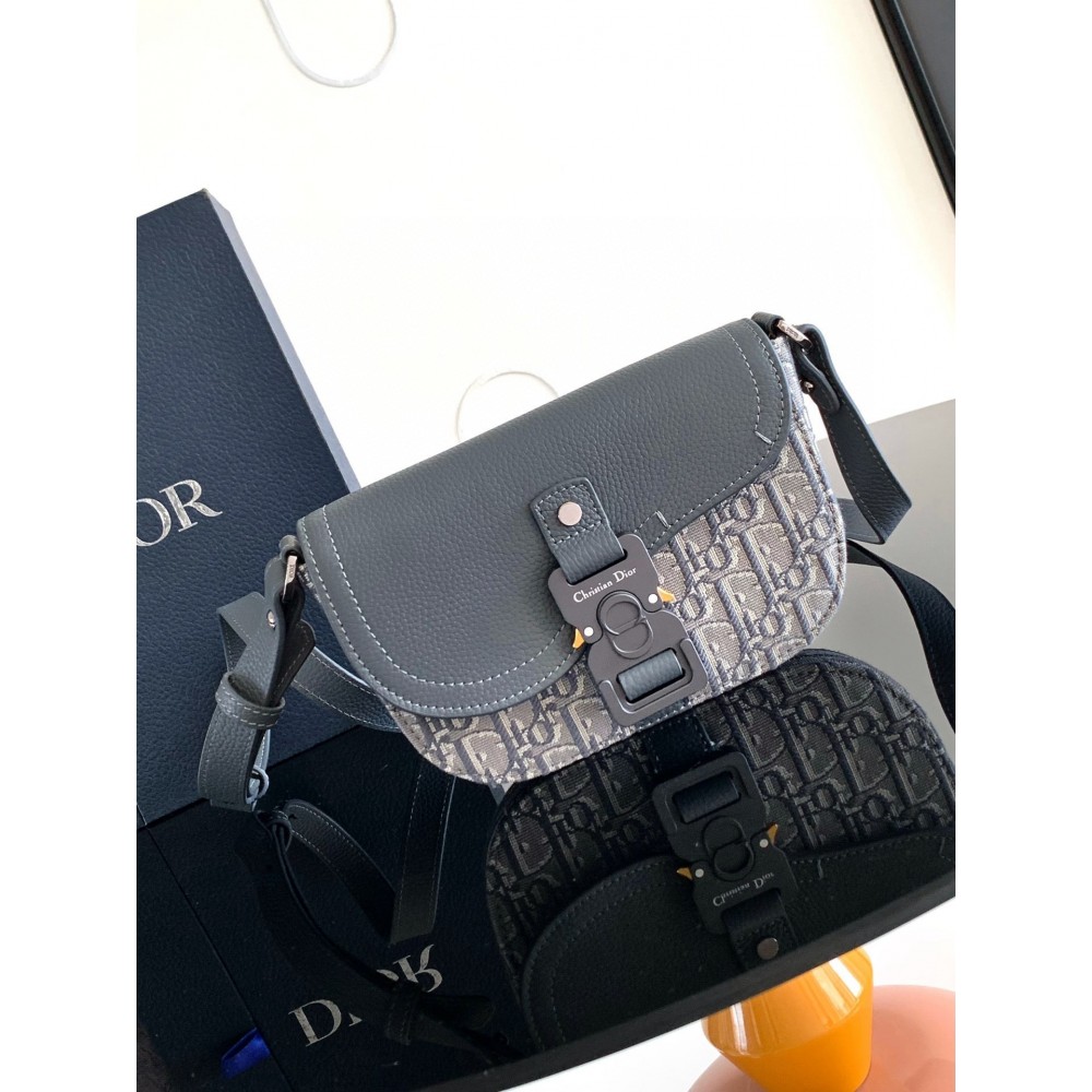 Dior Mini Saddle Messenger Bag in Grey Oblique Jacquard and Calfskin LDBS240704