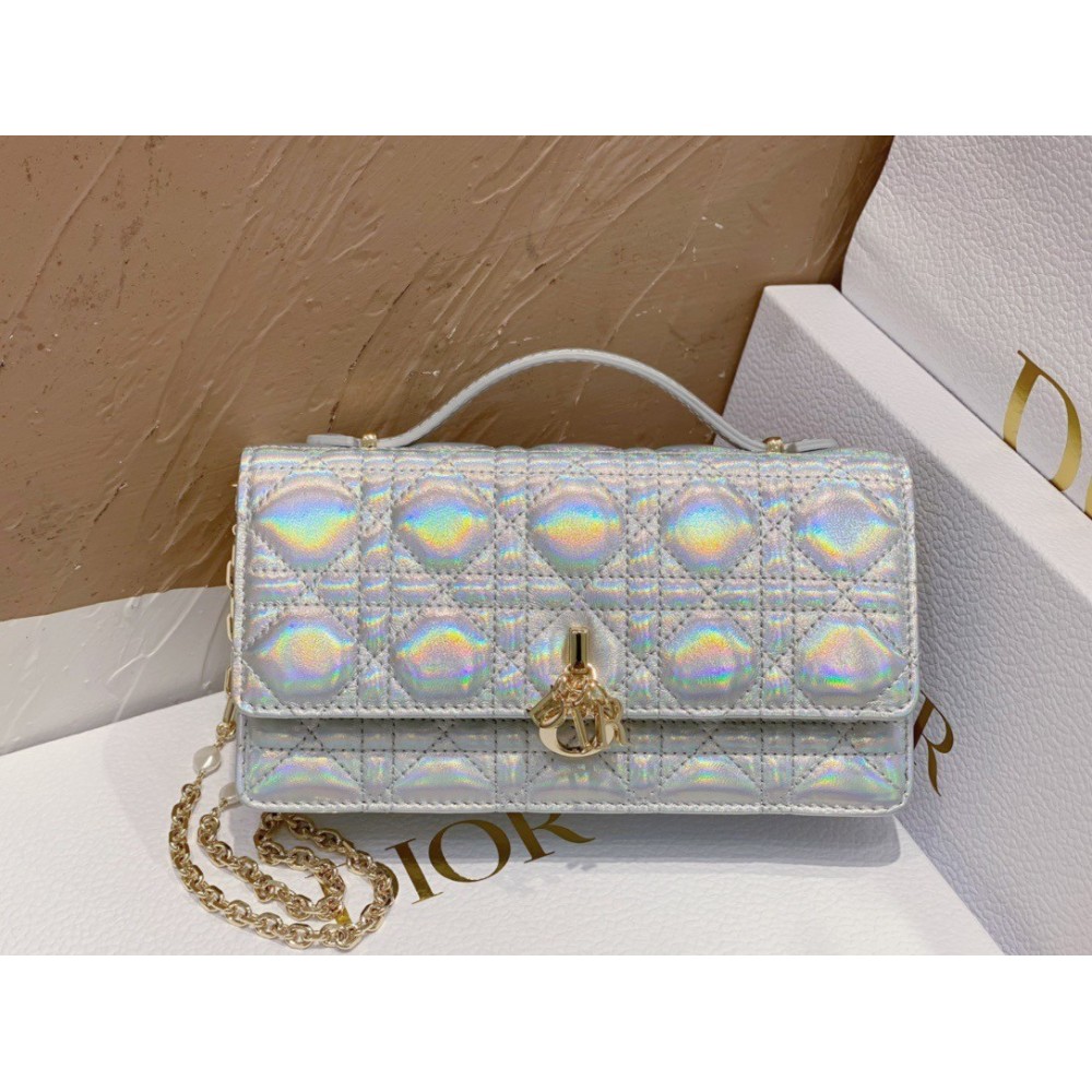 Dior Miss Dior Mini Bag In Iridescent Metallic Silver Lambskin LDBS240710