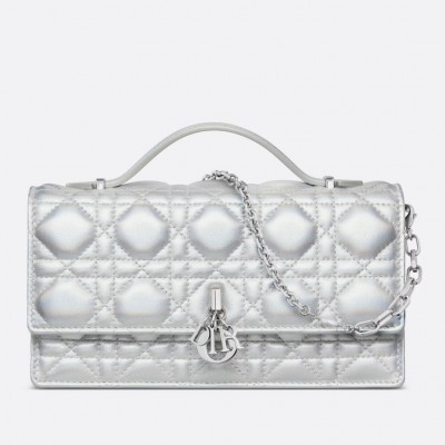 Dior Miss Dior Mini Bag In Iridescent Metallic Silver Lambskin LDBS240710