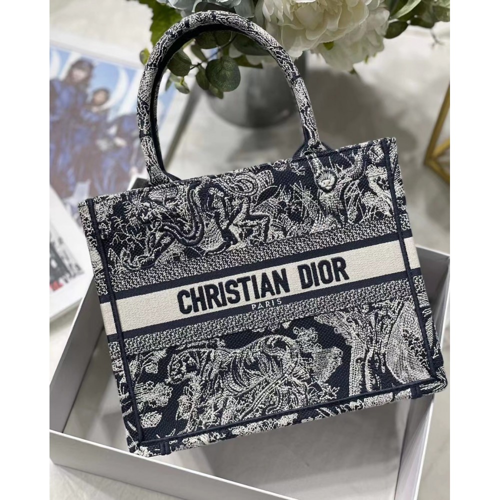 Dior New Small Book Tote In Blue Toile de Jouy Reverse Embroidery LDBS240726