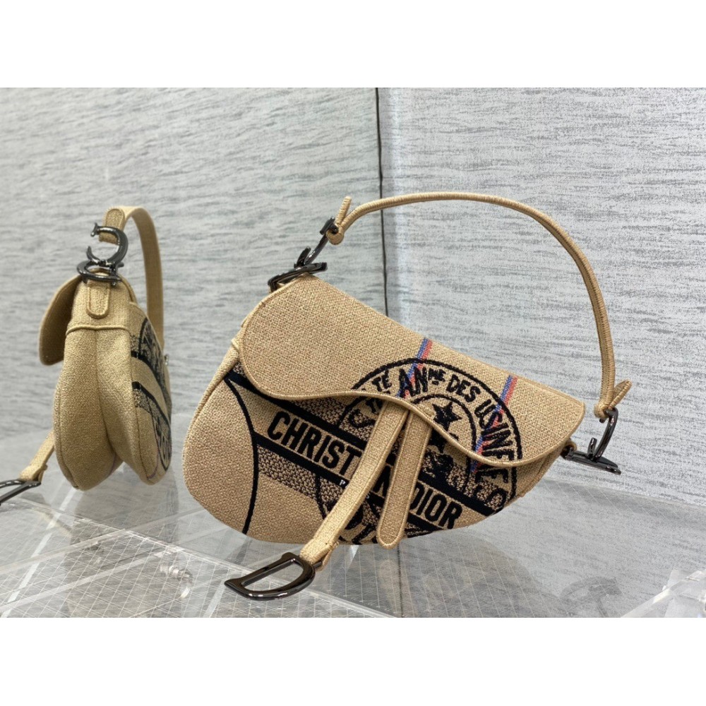 Dior Saddle Bag In Beige Jute Canvas with Dior Union Motif LDBS240749