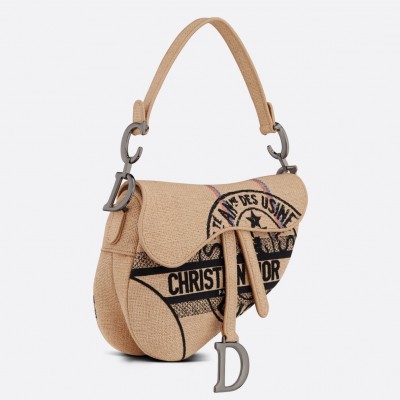 Dior Saddle Bag In Beige Jute Canvas with Dior Union Motif LDBS240749