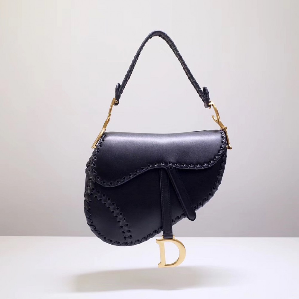 Dior Saddle Bag In Black Calfskin With Threaded Edges LDBS240753