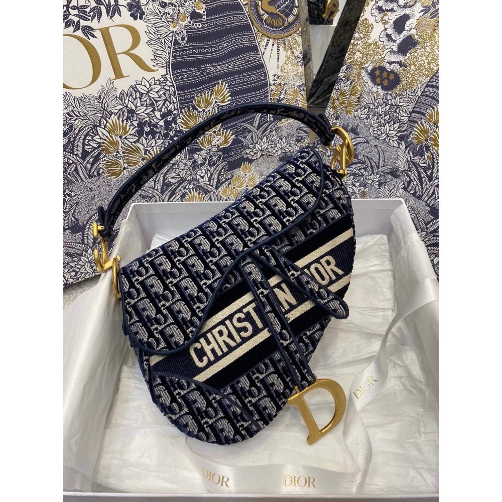 Dior Saddle Bag In Blue Dior Oblique Embroidered Velvet LDBS240758