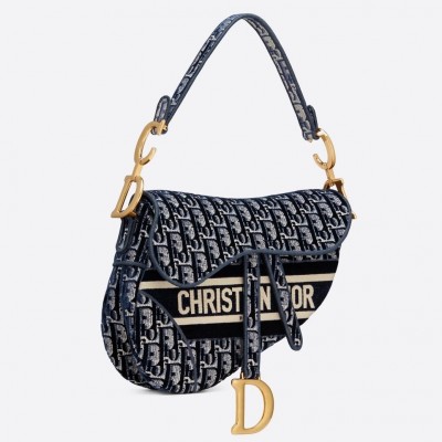 Dior Saddle Bag In Blue Dior Oblique Embroidered Velvet LDBS240758