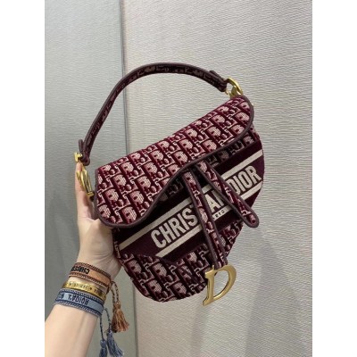 Dior Saddle Bag In Burgundy Dior Oblique Embroidered Velvet LDBS240770