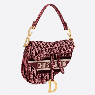 Dior Saddle Bag In Burgundy Dior Oblique Embroidered Velvet LDBS240770