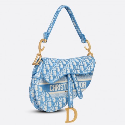 Dior Saddle Bag In Cornflower Blue Dior Oblique Embroidery LDBS240774