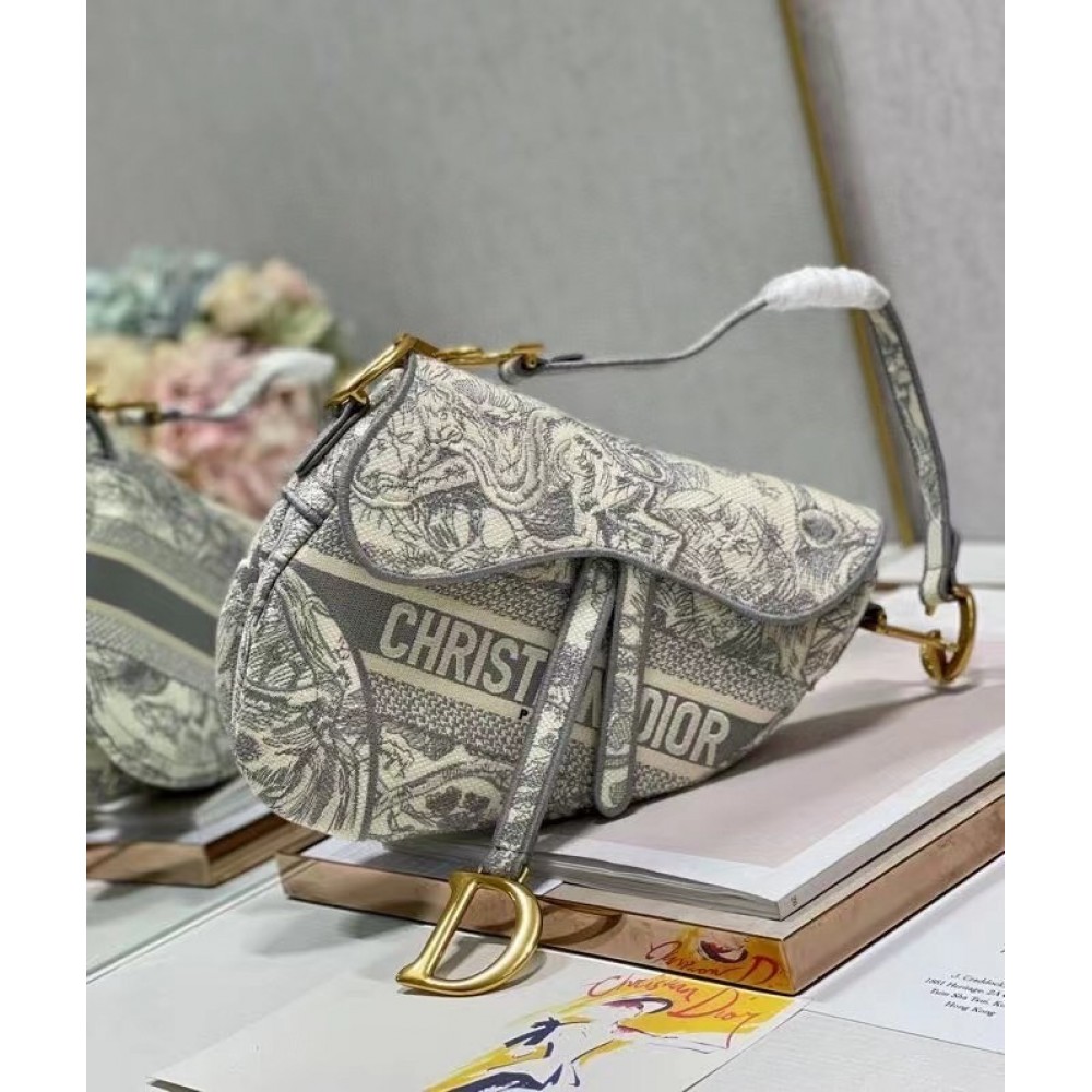 Dior Saddle Bag In Grey Toile de Jouy Embroidery LDBS240785