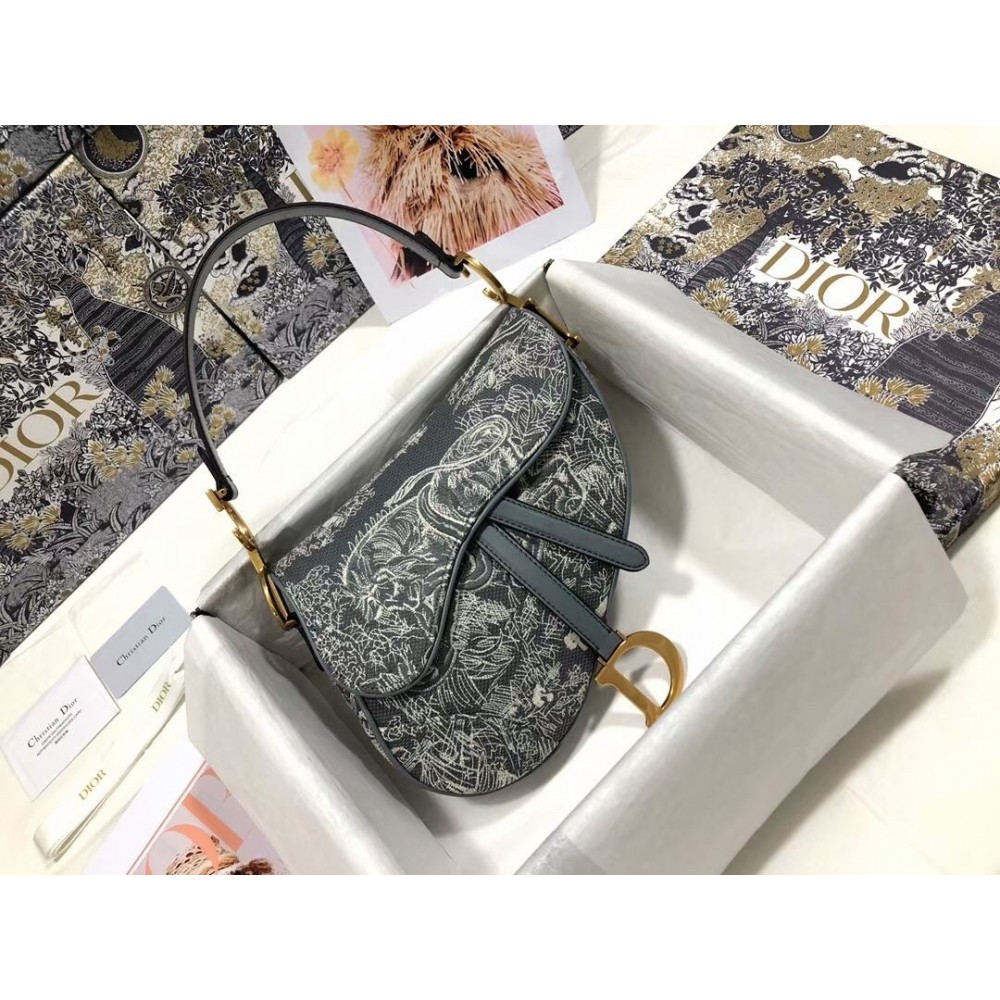 Dior Saddle Bag In Grey Toile de Jouy Reverse Jacquard LDBS240786