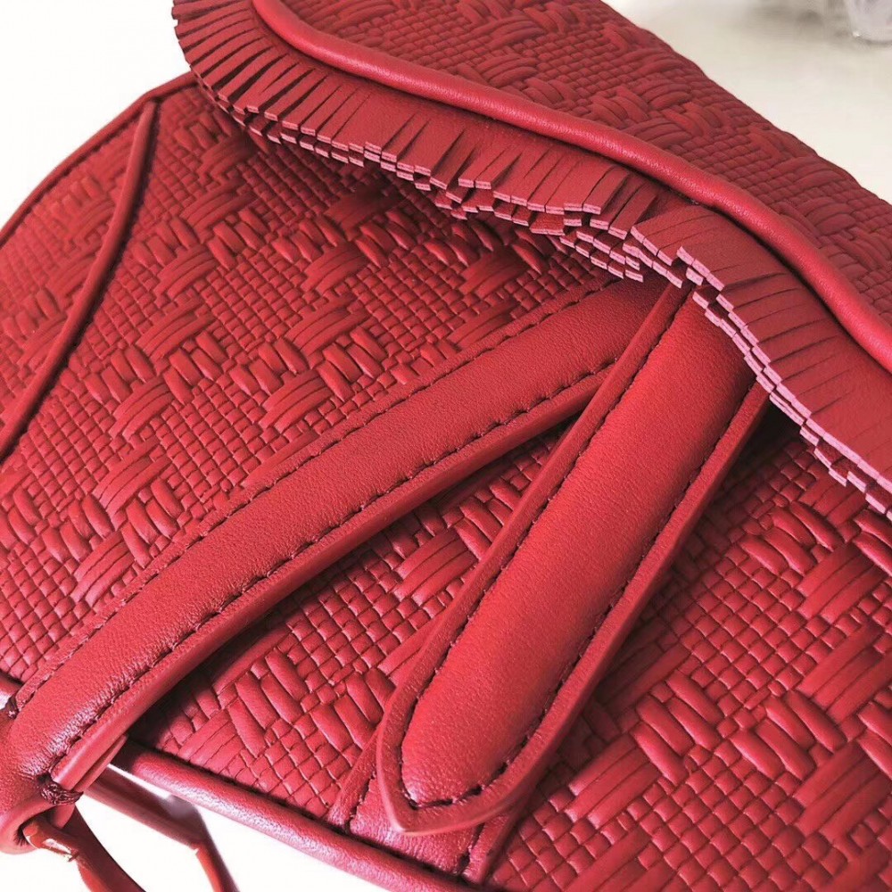 Dior Saddle Bag In Red Braided Leather Strips With Fringe LDBS240790