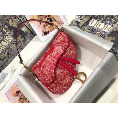 Dior Saddle Bag In Red Toile de Jouy Reverse Jacquard LDBS240792