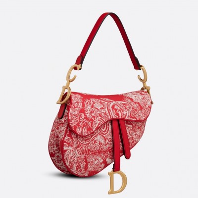 Dior Saddle Bag In Red Toile de Jouy Reverse Jacquard LDBS240792