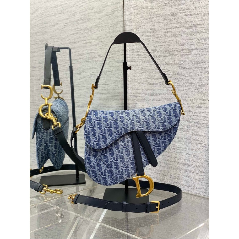 Dior Saddle Bag with Strap in Blue Denim Oblique Jacquard LDBS240800