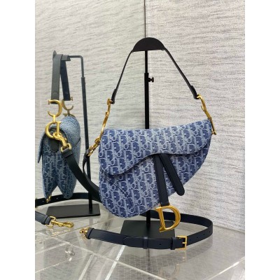 Dior Saddle Bag with Strap in Blue Denim Oblique Jacquard LDBS240800