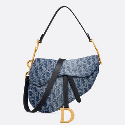 Dior Saddle Bag with Strap in Blue Denim Oblique Jacquard LDBS240800