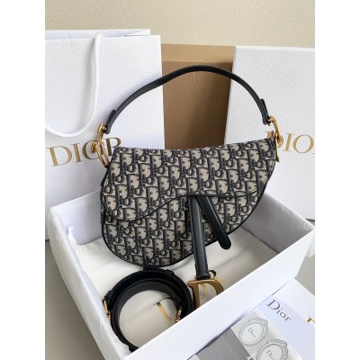 Dior Saddle Bag with Strap in Blue Oblique Jacquard LDBS240801