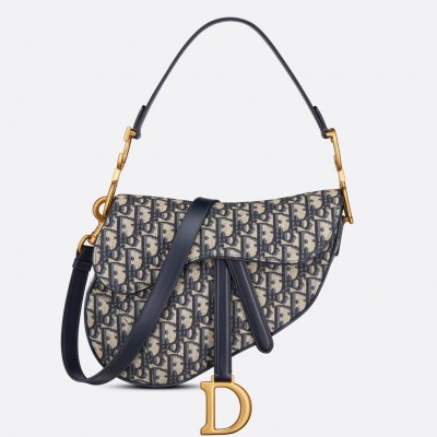 Dior Saddle Bag with Strap in Blue Oblique Jacquard LDBS240801