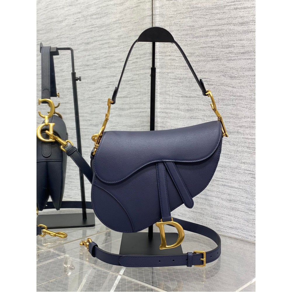 Dior Saddle Bag with Strap in Indigo Blue Grained Calfskin LDBS240805