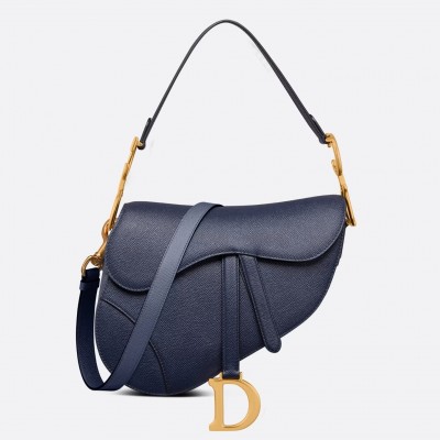 Dior Saddle Bag with Strap in Indigo Blue Grained Calfskin LDBS240805