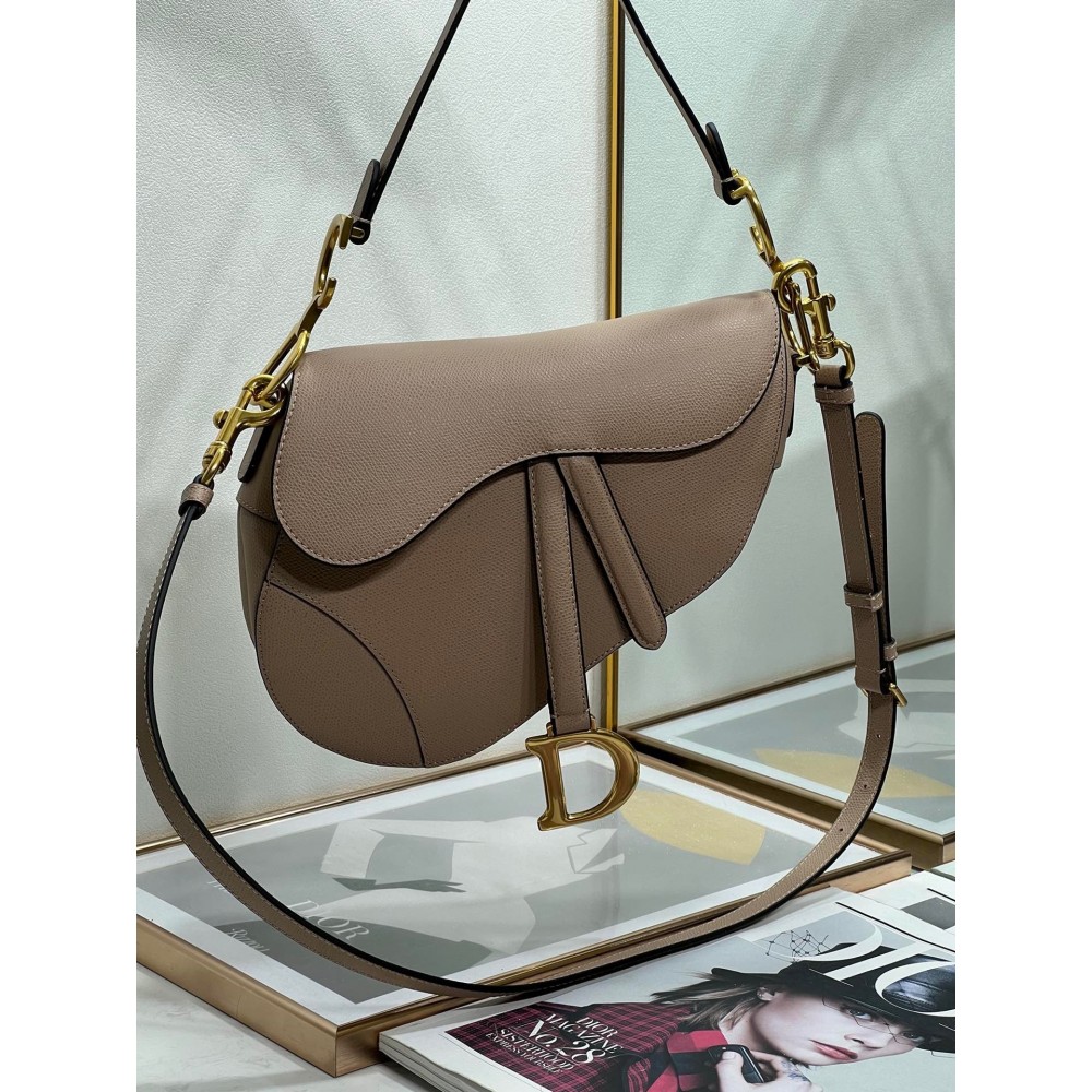 Dior Saddle Bag with Strap in Warm Taupe Grained Calfskin LDBS240807