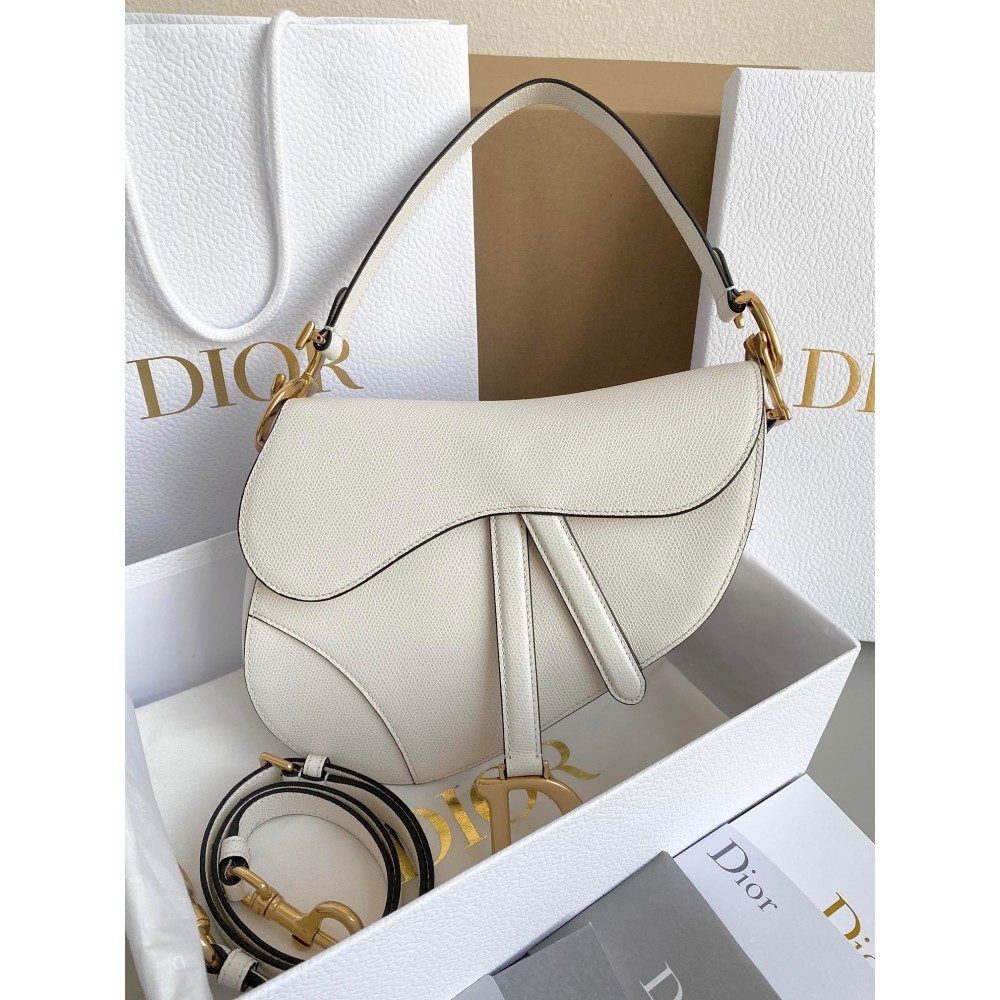 Dior Saddle Bag with Strap in White Grained Calfskin LDBS240808