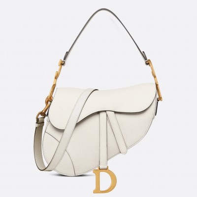 Dior Saddle Bag with Strap in White Grained Calfskin LDBS240808