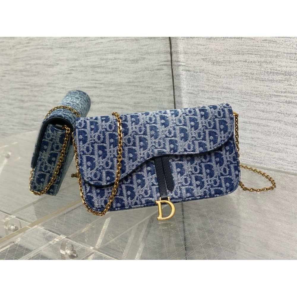 Dior Saddle Chain Pouch in Blue Denim Oblique Jacquard LDBS240818