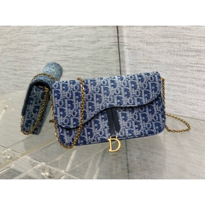 Dior Saddle Chain Pouch in Blue Denim Oblique Jacquard LDBS240818