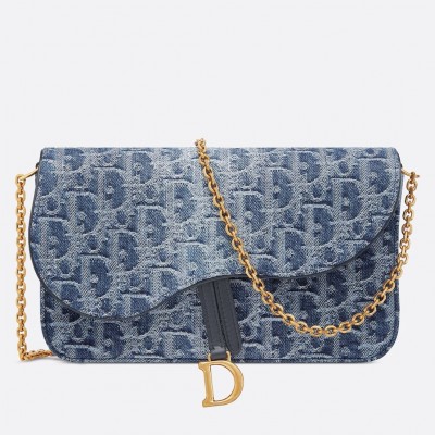 Dior Saddle Chain Pouch in Blue Denim Oblique Jacquard LDBS240818