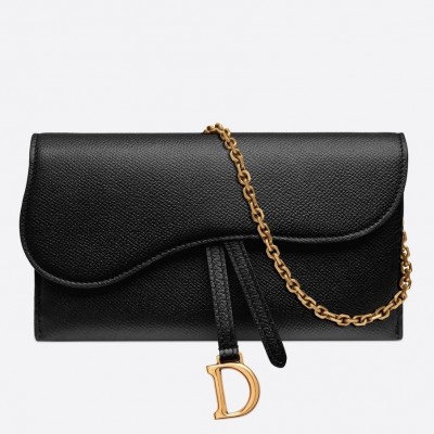 Dior Saddle Chain Wallet In Black Grained Leather LDBS240819