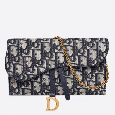 Dior Saddle Chain Wallet In Blue Oblique Canvas LDBS240820