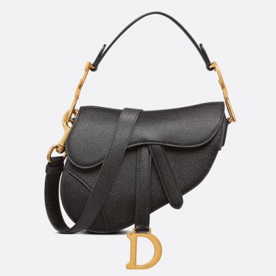 Dior Saddle Mini Bag with Strap in Black Grained Calfskin LDBS240821