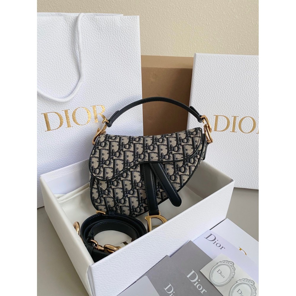 Dior Saddle Mini Bag with Strap in Blue Oblique Jacquard LDBS240822