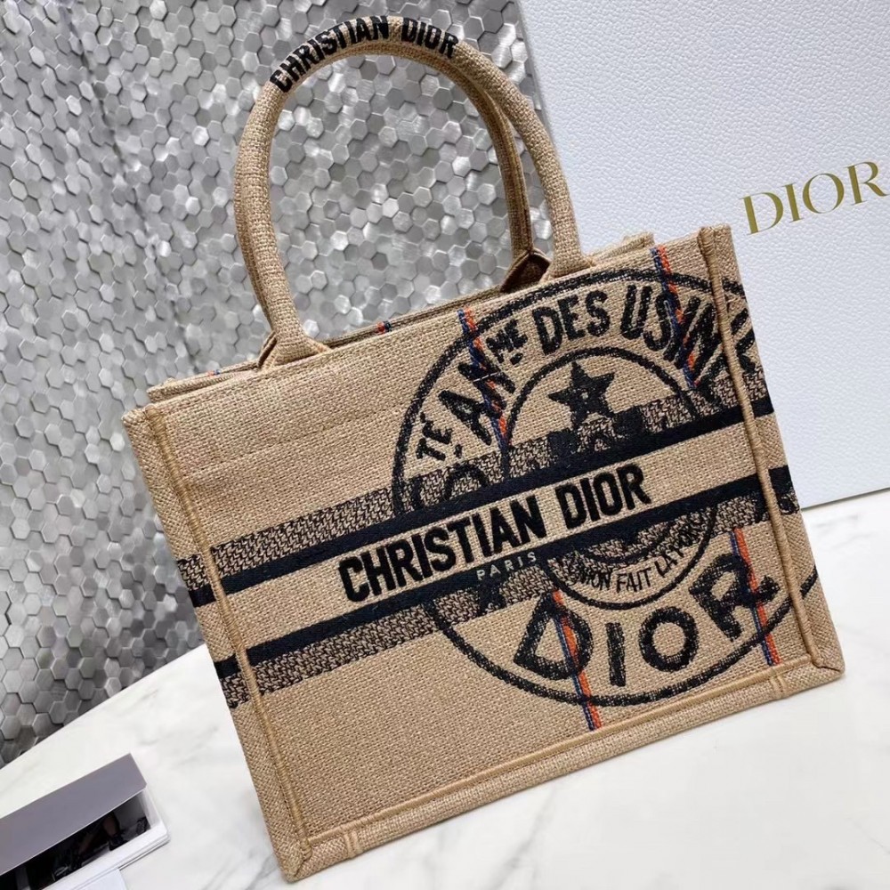 Dior Small Book Tote Bag In Beige Jute Canvas with Dior Union Motif LDBS240860